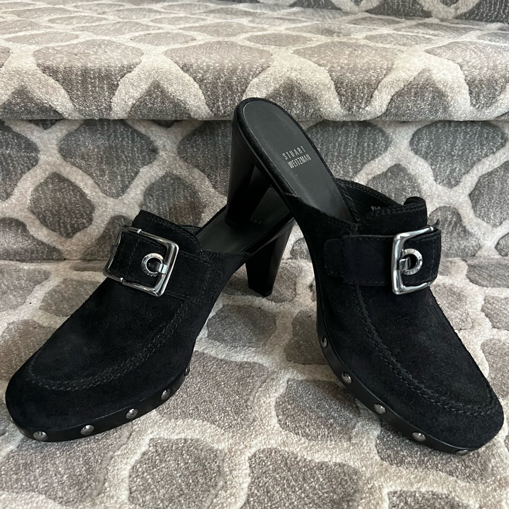Stuart Weitzman Black Suede Mules. Size 9.5 US. 3 1/2” heel. Never worn.